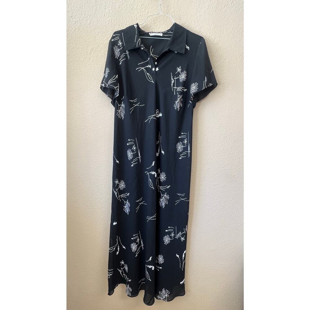Vintage 90s Ronnie Nicole floral sheer black button front dress size L
